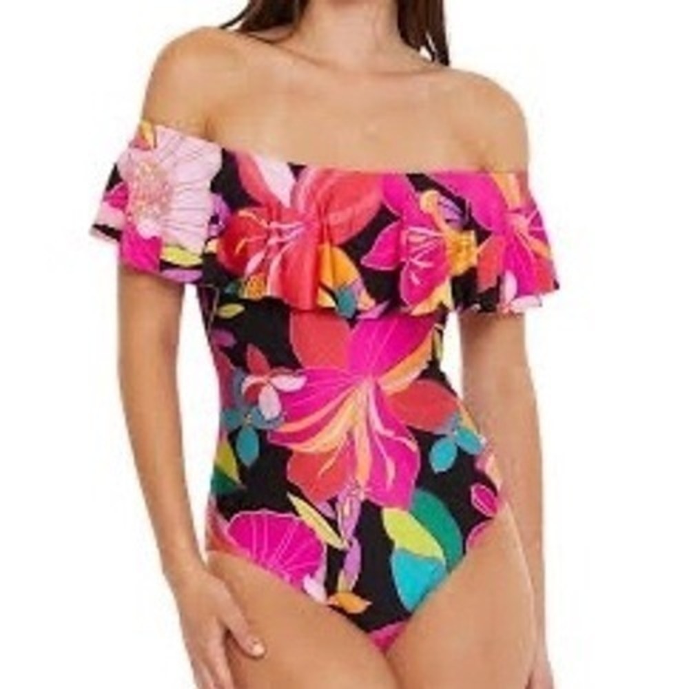 Trina Turk Solar One Piece Off The Shoulder Ruffle Swimsuit Floral Print Size 4